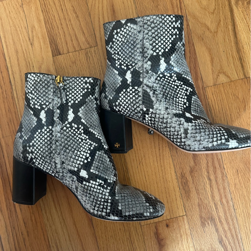 Tory Burch Black and Gray Snake Pattern Ankle Boots